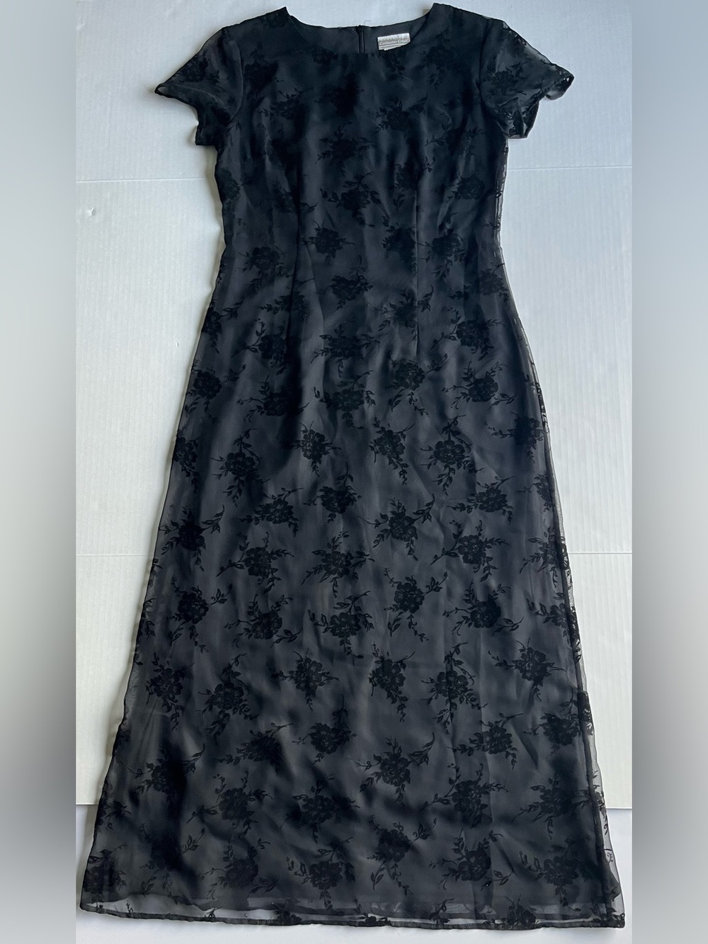 Coldwater Creek Black Floral Velvet Burnout Sheer Short Sleeves Maxi Dress 8